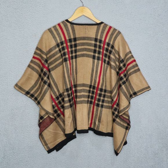 Anne Klein Camel Sleeved Poncho Sweater Cardigan Small Brown Plaid NEW w FLAW - Picture 3 of 11
